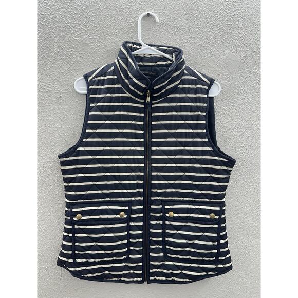 British Khaki Womens Vest Size Large Blue Striped Quilted Button Up Lined - Picture 1 of 11